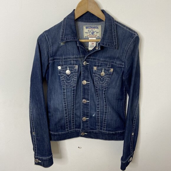 TRUE RELIGION Denim Trucker Jacket Blue Denim Jean Snap Button Small Woman Logo - Picture 1 of 8